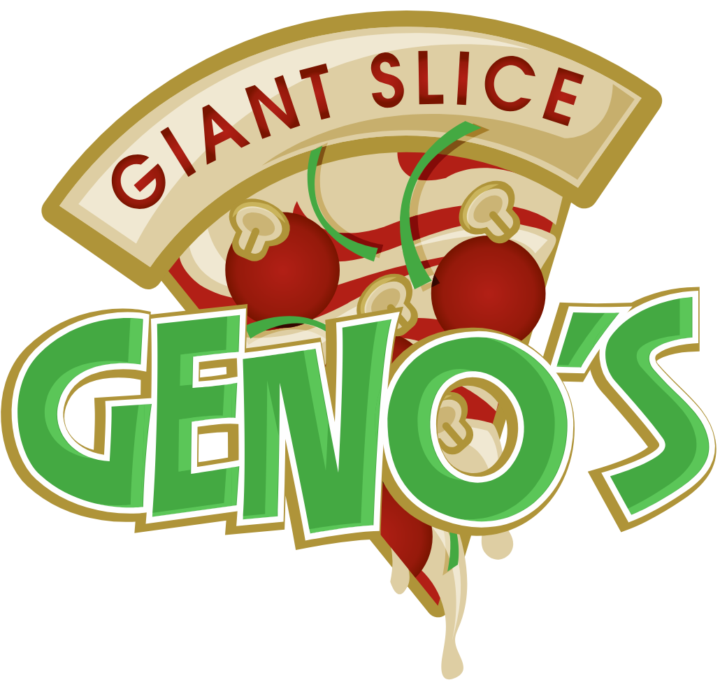 Geno's Giant Slice logo featuring a pizza slice with toppings and bold green lettering for pizzeria in Arizona