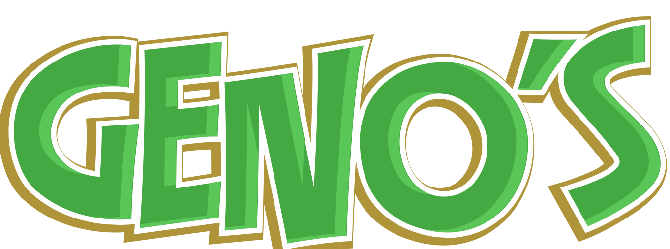 Geno's Giant Slice pizzeria logo featuring bold green and gold lettering with a small pizza slice icon within the "O"