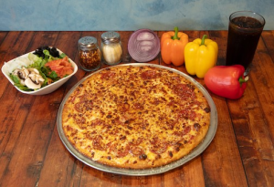 image006 Genos Giant Slice pizza on metal tray with salad, peppers, and drink on wooden table